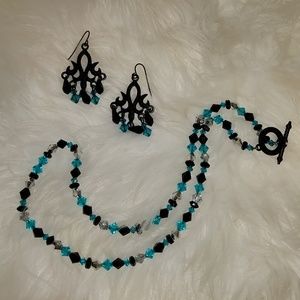 Teal and Black Beaded Necklace and Earrings set